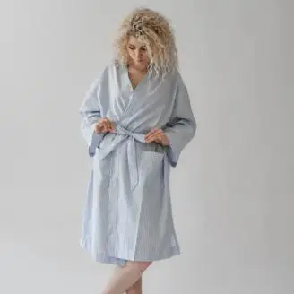 Kimono, Kimo Blå/Hvid striber m. lommer Str. M - Morgenkåber og Kimonoer